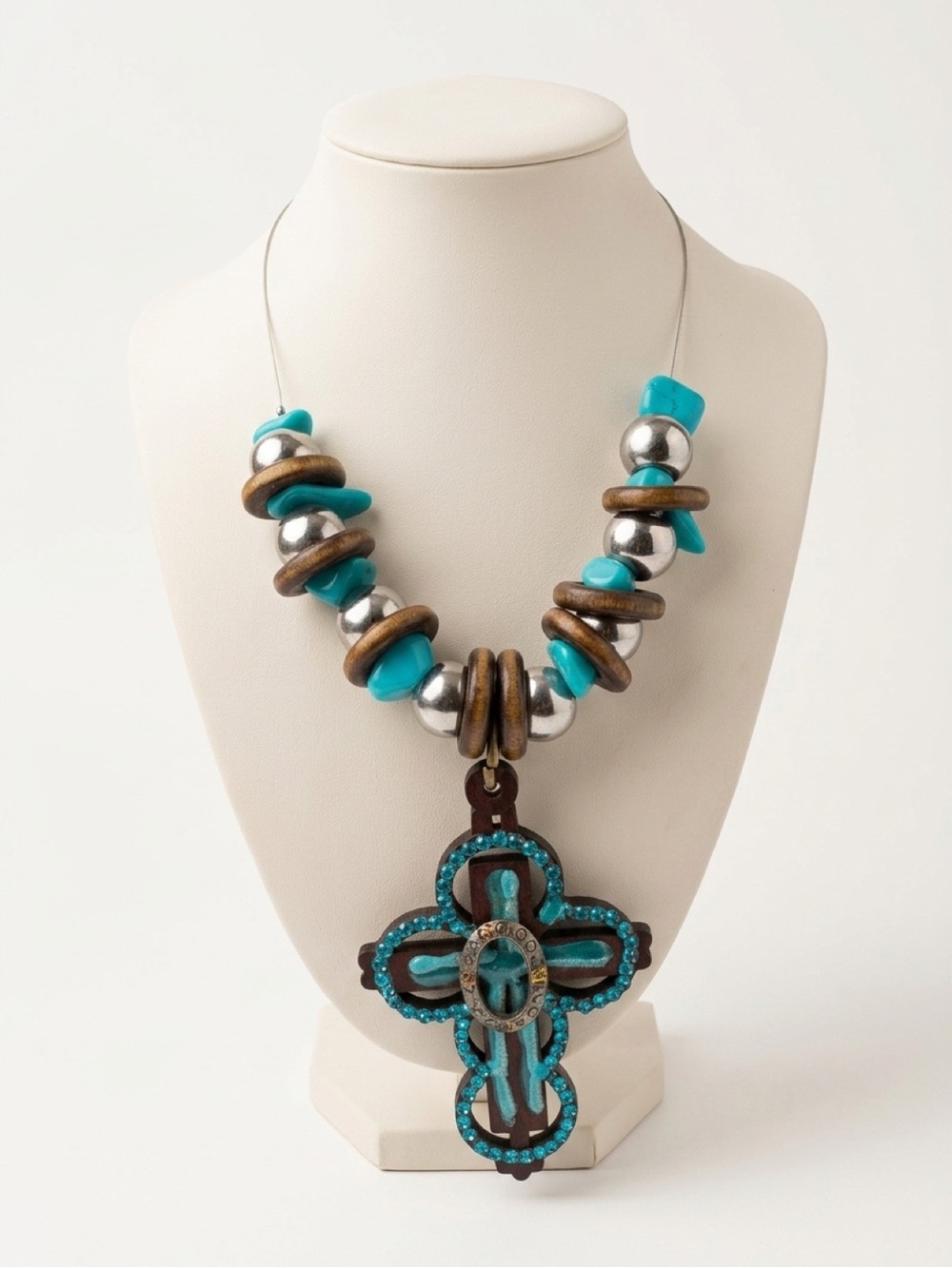 Boho Turquoise Cross Statement Necklace Silver Tone Wood Beads Western Chunky
